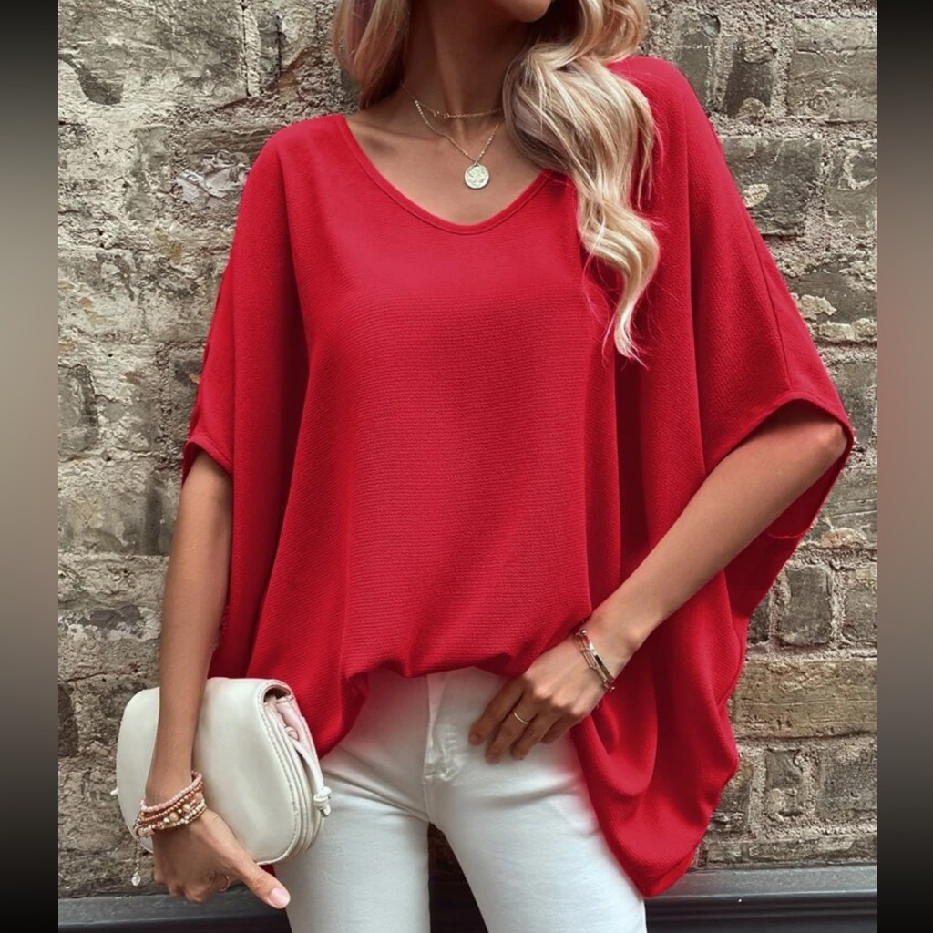 Boho Red V Neck Batwing Sleeve Blouse